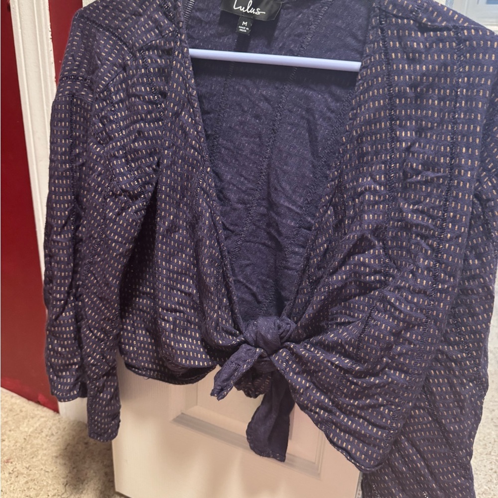 Lulus Navy and Gold Tie-Front Top